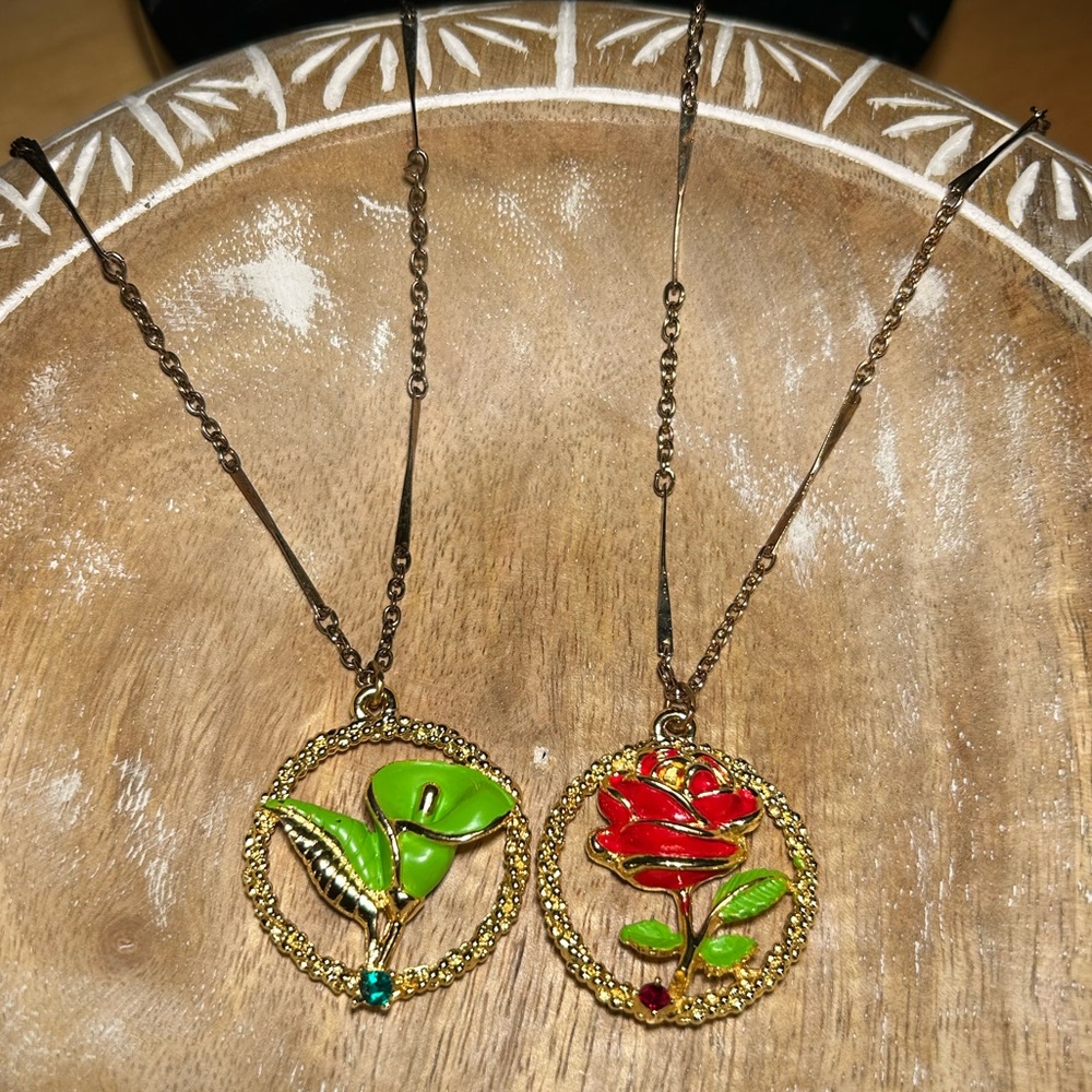 Vintage Green Calla Lilly & Red Rose Flower Gold Tone Necklaces